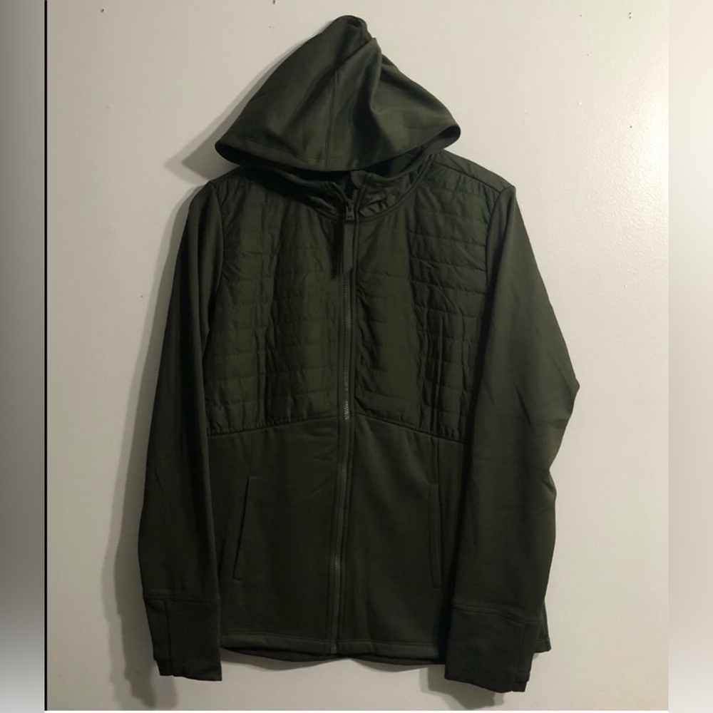 full zip Jacket Hoodie front Polly quilted channels thumbholes green.XL(16-18)